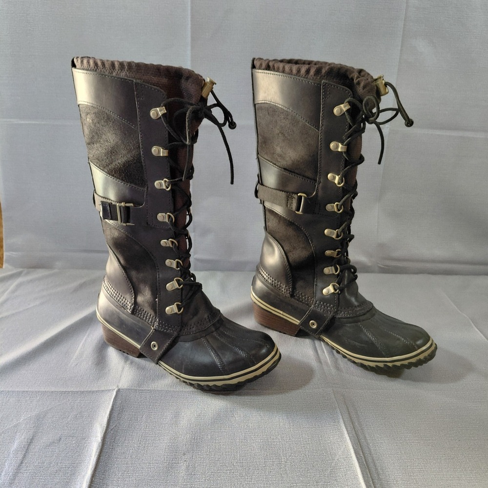 Sorel Conquest Carly Waterproof Boots Women's 9 Black Leather Tall Lace Up Rain